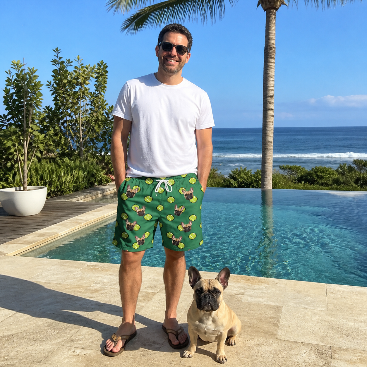 Full-length photo with the pet printed all over this Men's Tennis Tails Custom Dog Face Beach Shorts