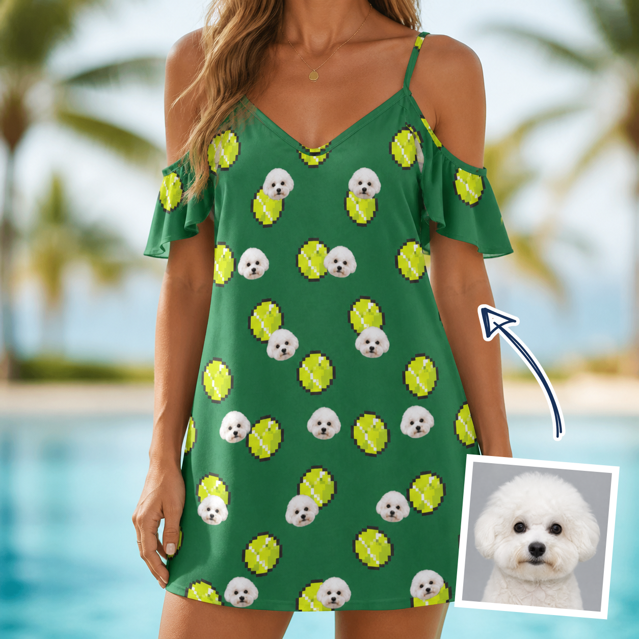 Woman wearing Women's Tennis Tails Custom Dog Face Off-Shoulder Dress — custom faces printed all-over