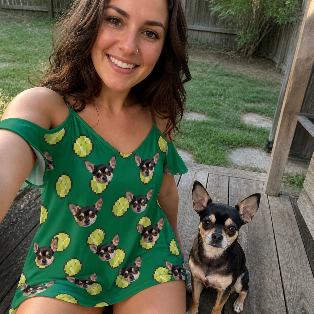 Selfie with the pet whose face is printed all over this Women's Tennis Tails Custom Dog Face Off-Shoulder Dress