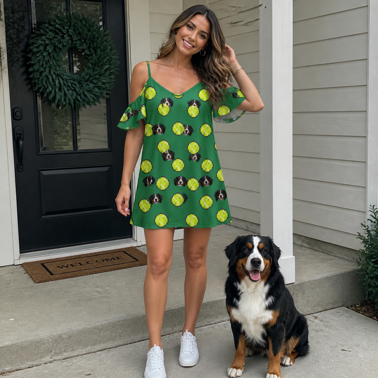 Full-length photo with the pet printed all over this Women's Tennis Tails Custom Dog Face Off-Shoulder Dress
