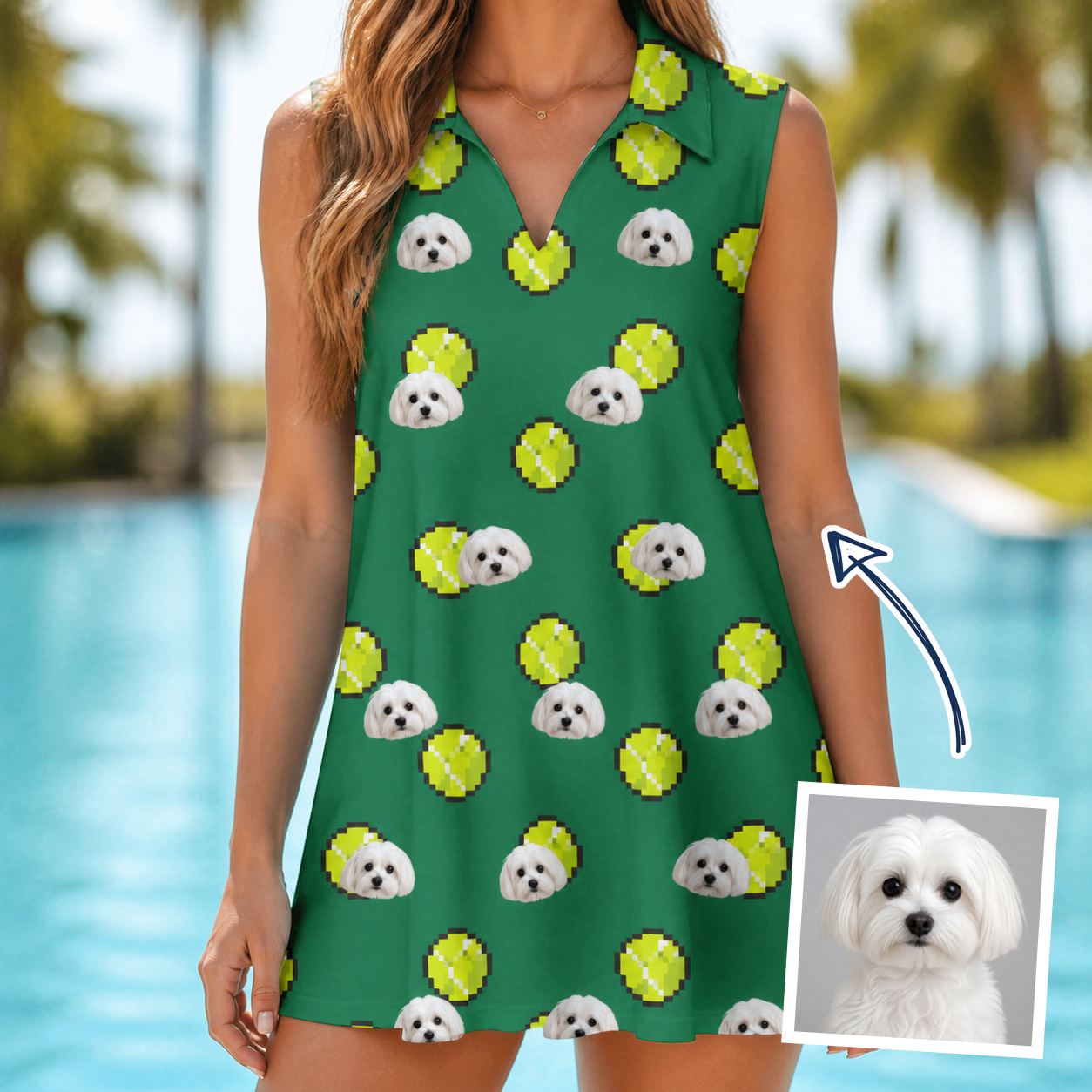 Woman wearing Women's Tennis Tails Custom Dog Face V-Neck Dress — custom faces printed all-over