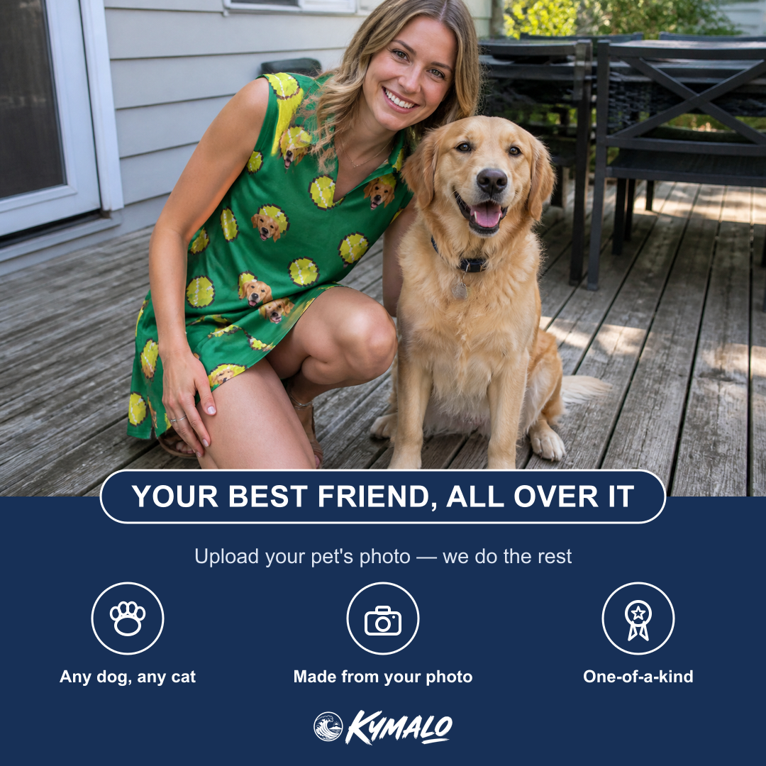 Friends in matching Women's Tennis Tails Custom Dog Face V-Neck Dress — a group gift photo