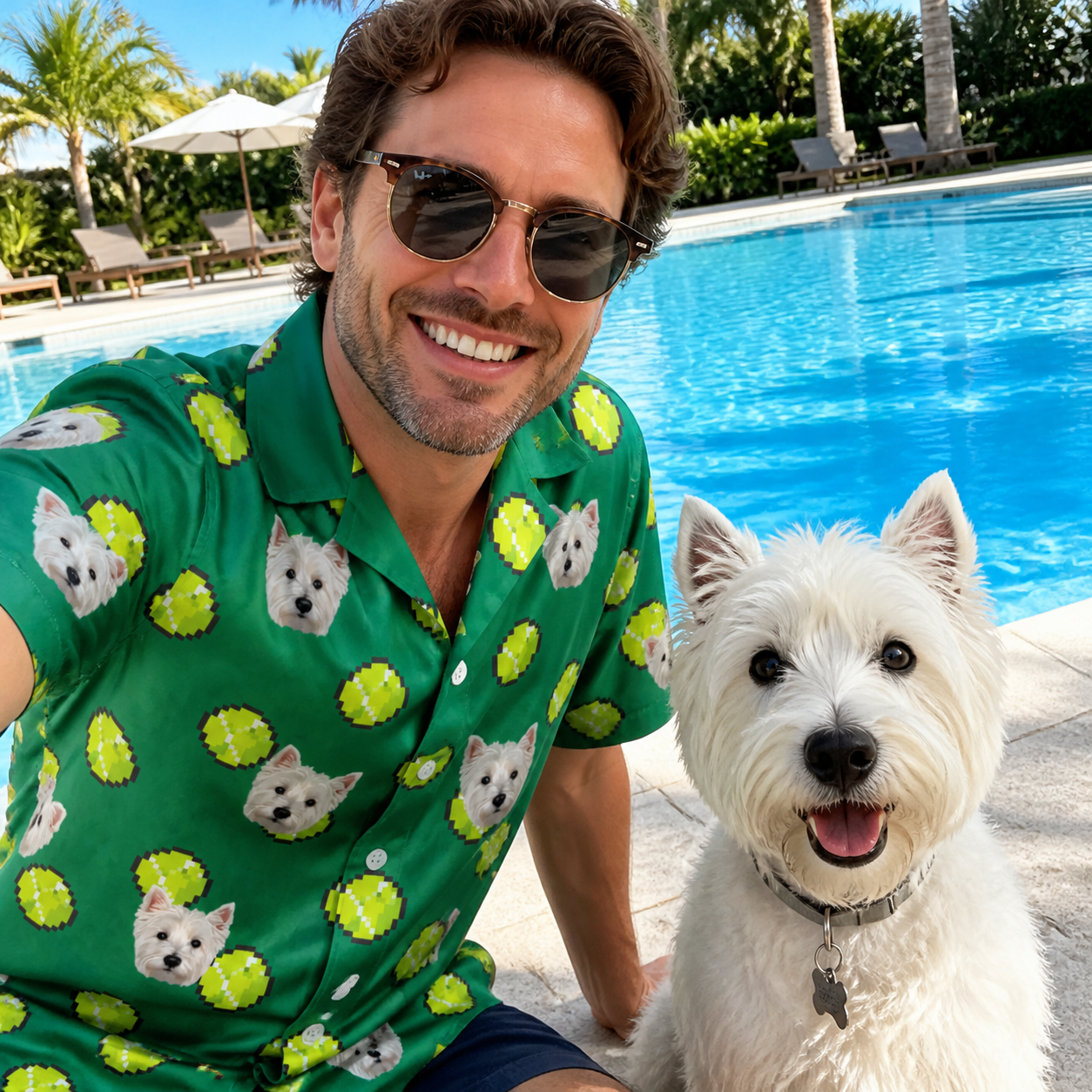 Selfie with the pet whose face is printed all over this Men's Tennis Tails Custom Dog Face Hawaiian Shirt