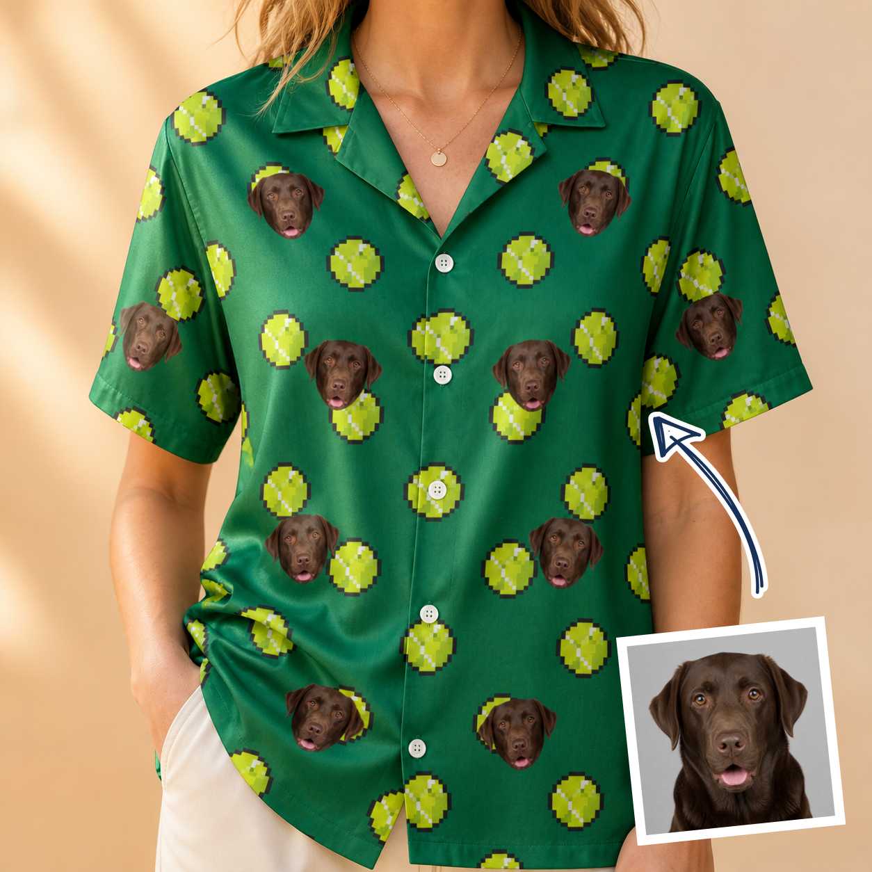 Woman wearing Women's Tennis Tails Custom Dog Face Hawaiian Shirt — custom faces printed all-over