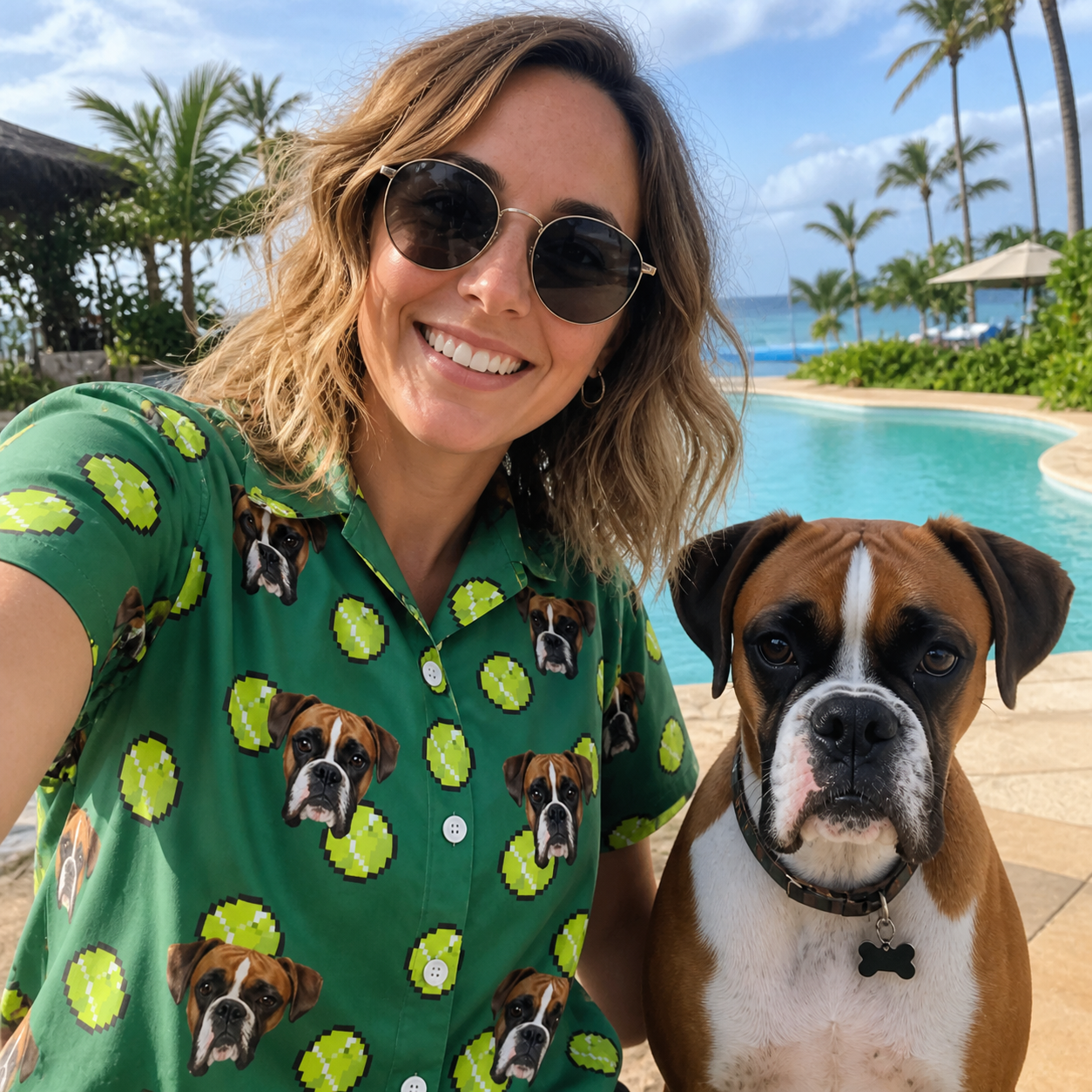 Selfie with the pet whose face is printed all over this Women's Tennis Tails Custom Dog Face Hawaiian Shirt