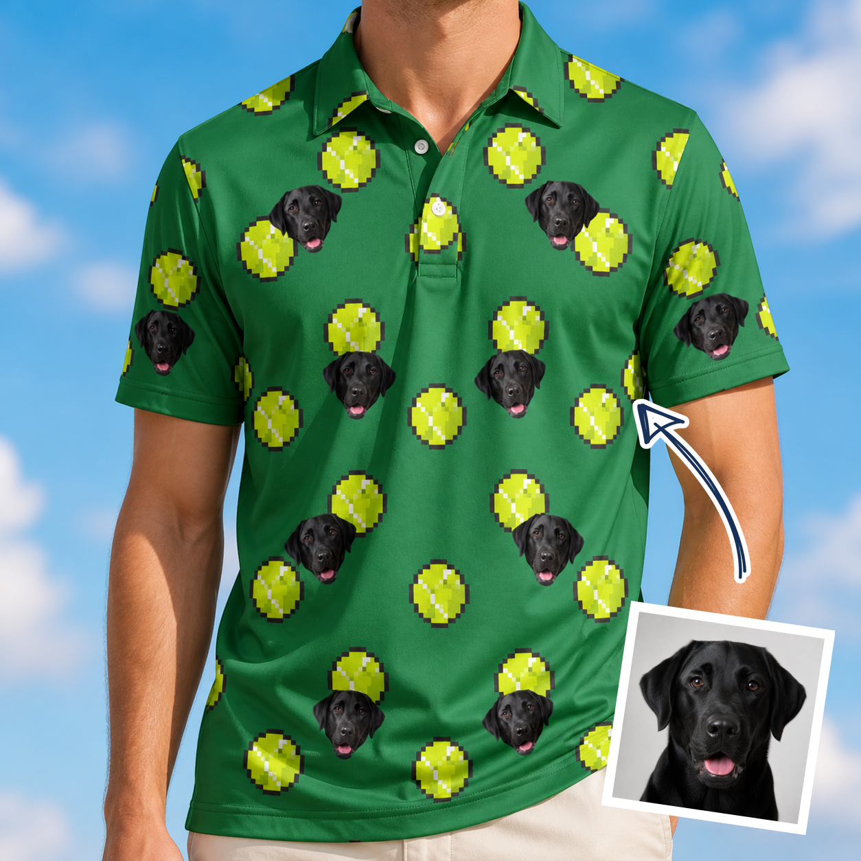 Man wearing Men's Tennis Tails Custom Dog Face Polo Shirt — custom faces printed all-over