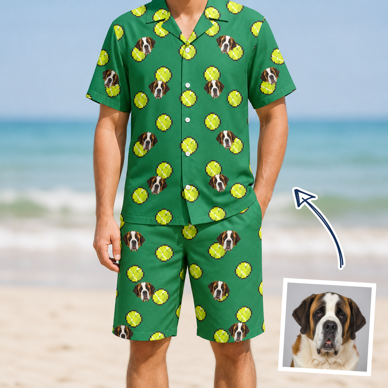 Man wearing Men's Tennis Tails Custom Dog Face Shirt & Shorts Set — custom faces printed all-over