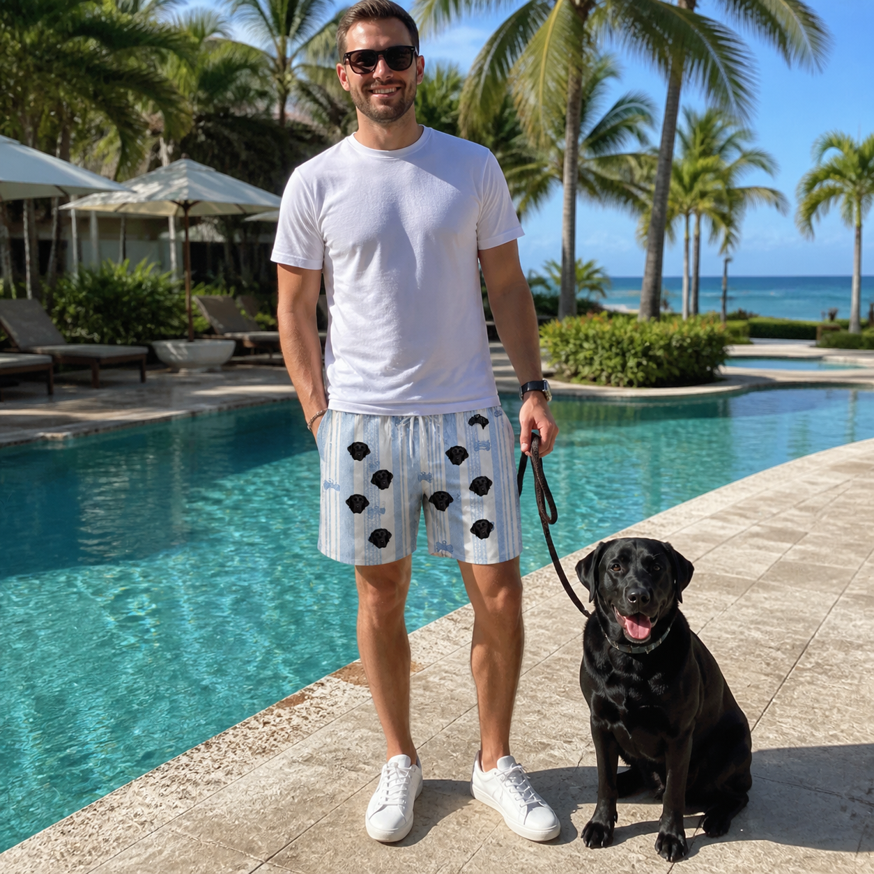 Full-length photo with the pet printed all over this Men's Pup Pendants Custom Dog Face Beach Shorts