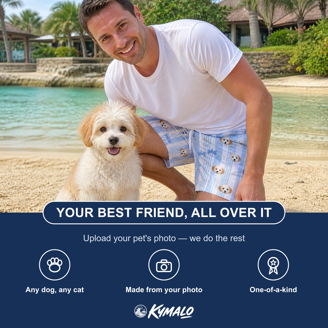 Friends in matching Men's Pup Pendants Custom Dog Face Beach Shorts — a group gift photo