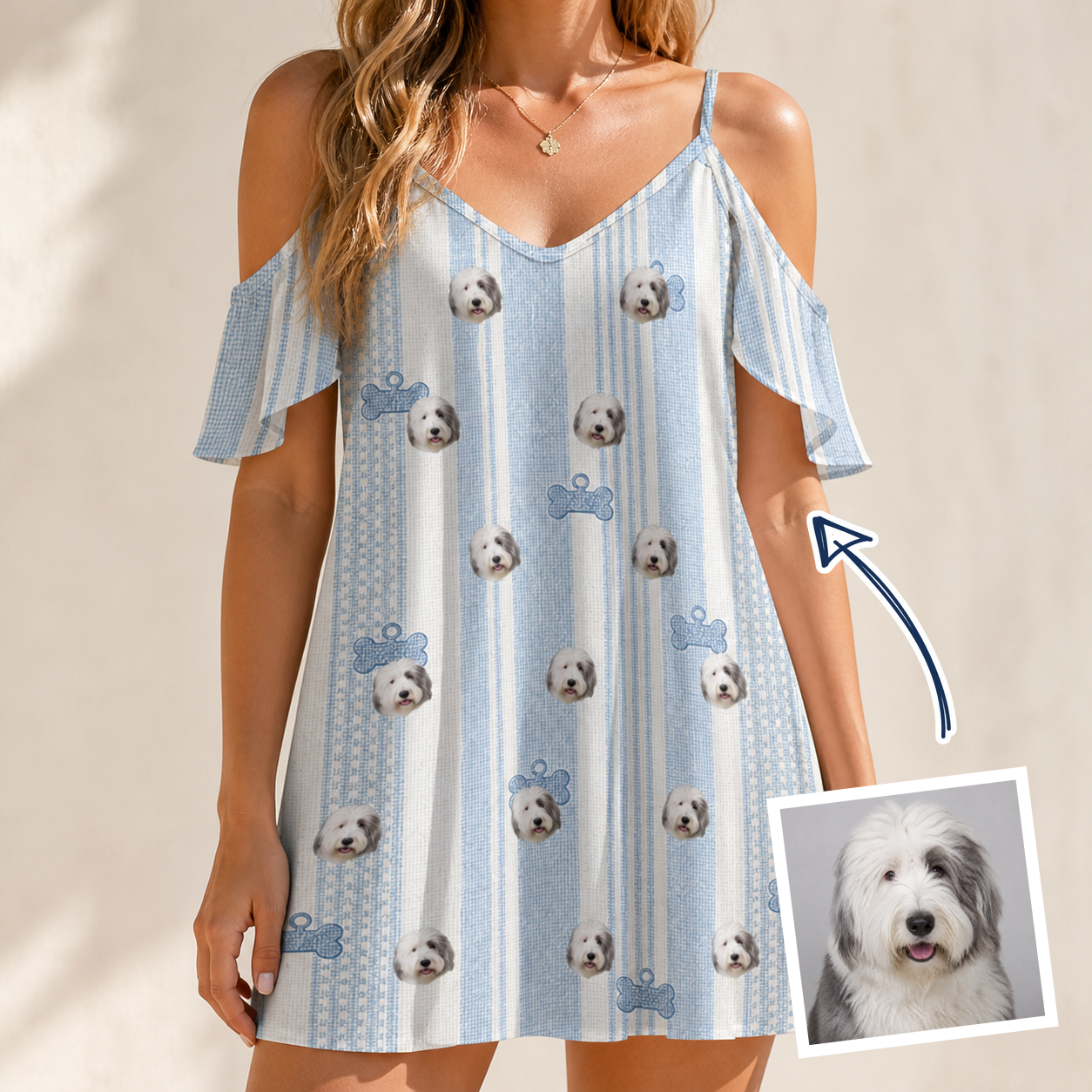 Woman wearing Women's Pup Pendants Custom Dog Face Off-Shoulder Dress — custom faces printed all-over