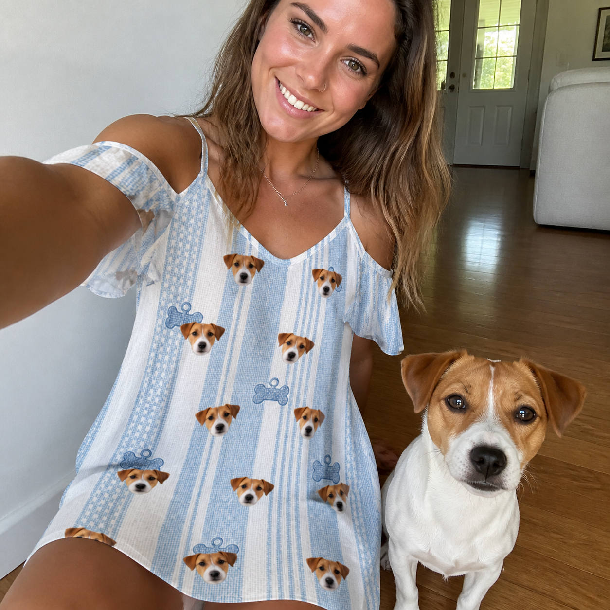 Selfie with the pet whose face is printed all over this Women's Pup Pendants Custom Dog Face Off-Shoulder Dress