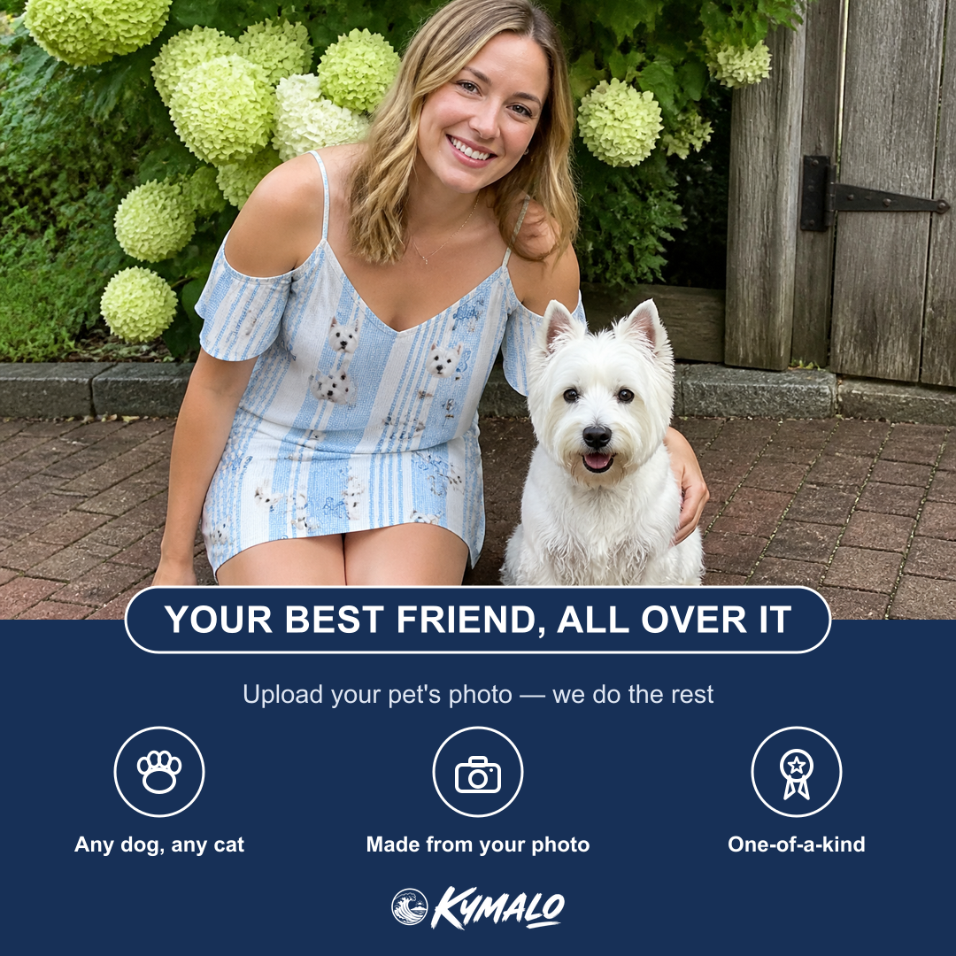 Friends in matching Women's Pup Pendants Custom Dog Face Off-Shoulder Dress — a group gift photo