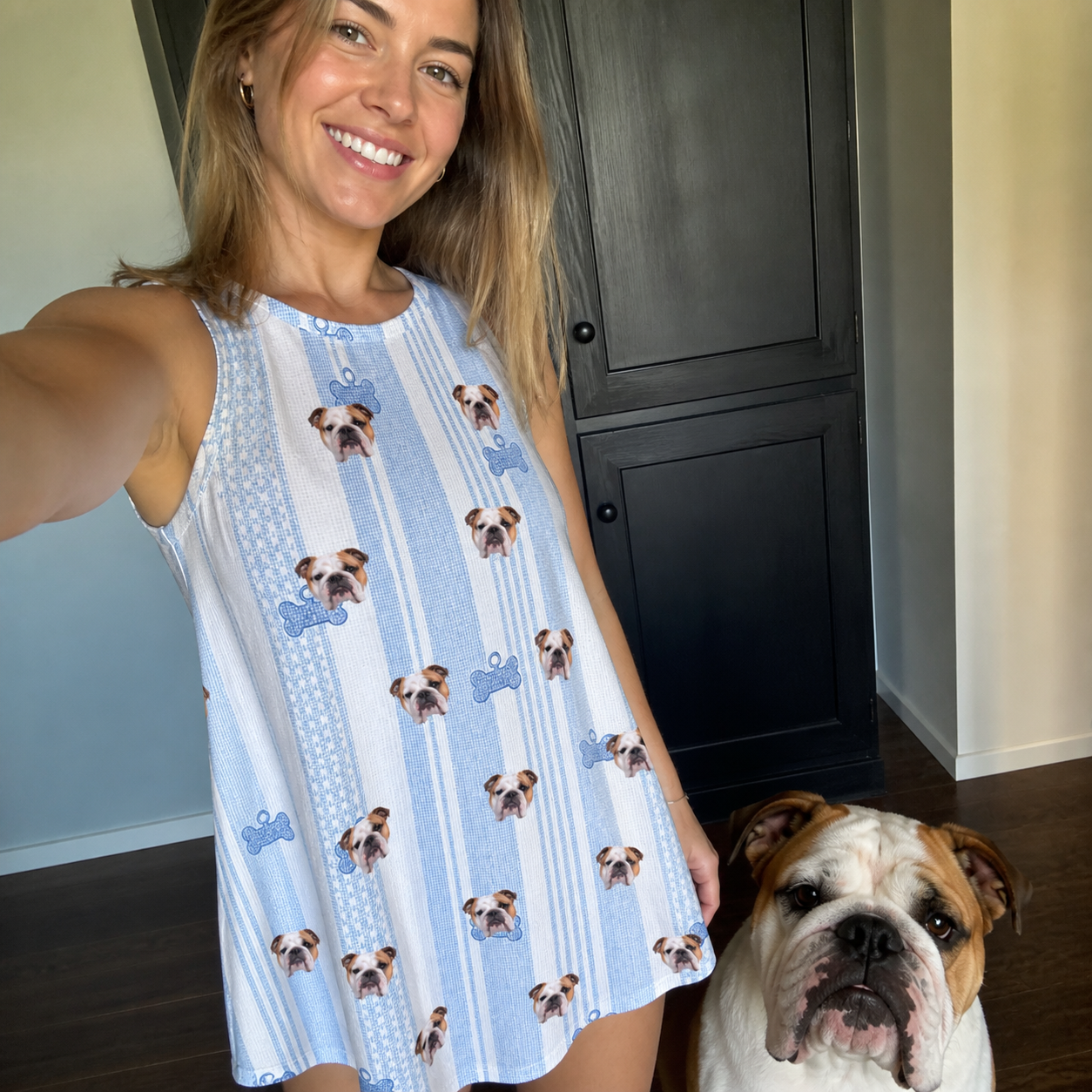 Selfie with the pet whose face is printed all over this Women's Pup Pendants Custom Dog Face Tank Dress