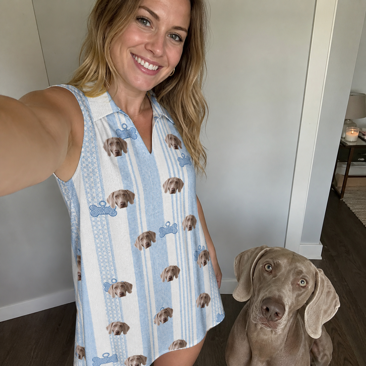 Selfie with the pet whose face is printed all over this Women's Pup Pendants Custom Dog Face V-Neck Dress