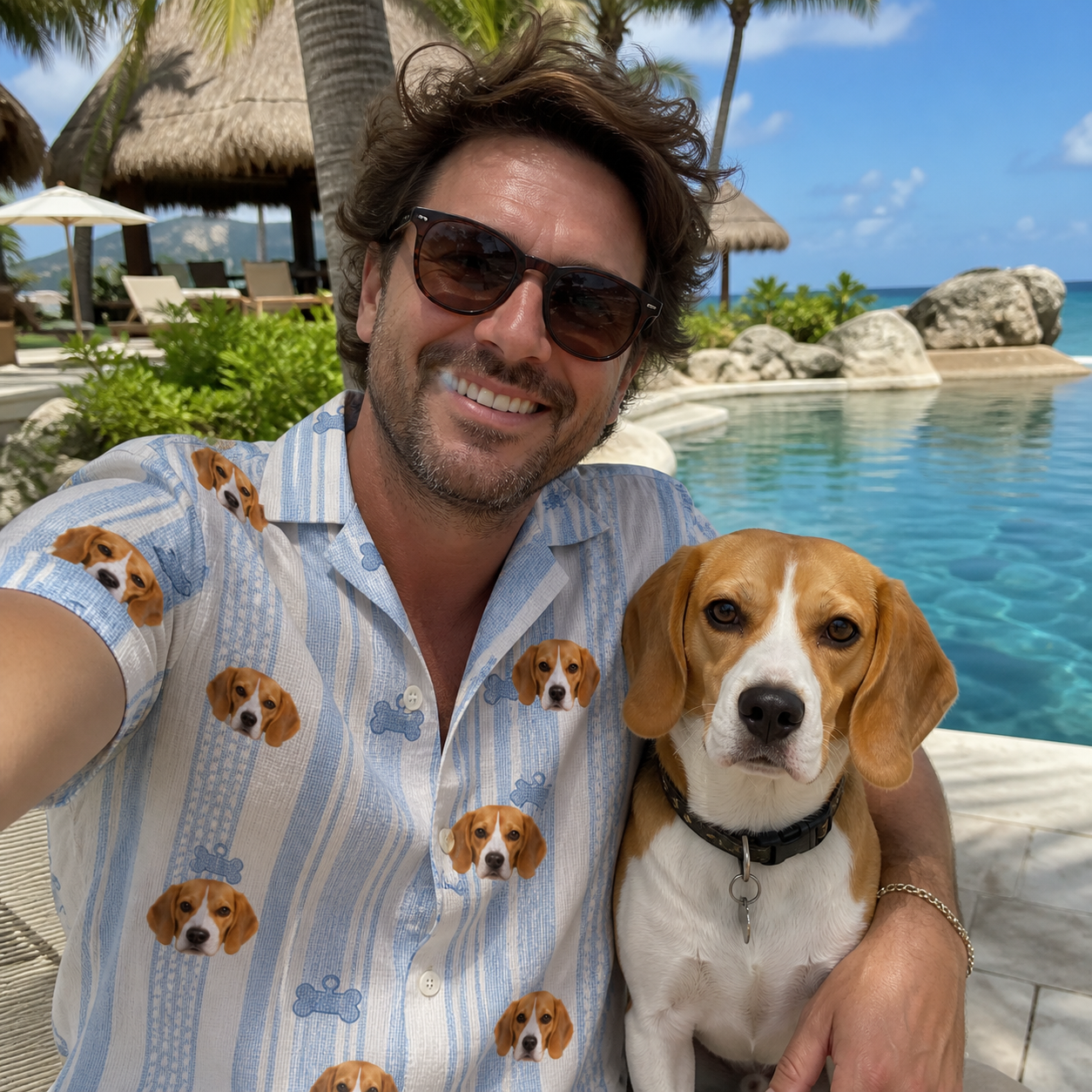 Selfie with the pet whose face is printed all over this Men's Pup Pendants Custom Dog Face Hawaiian Shirt