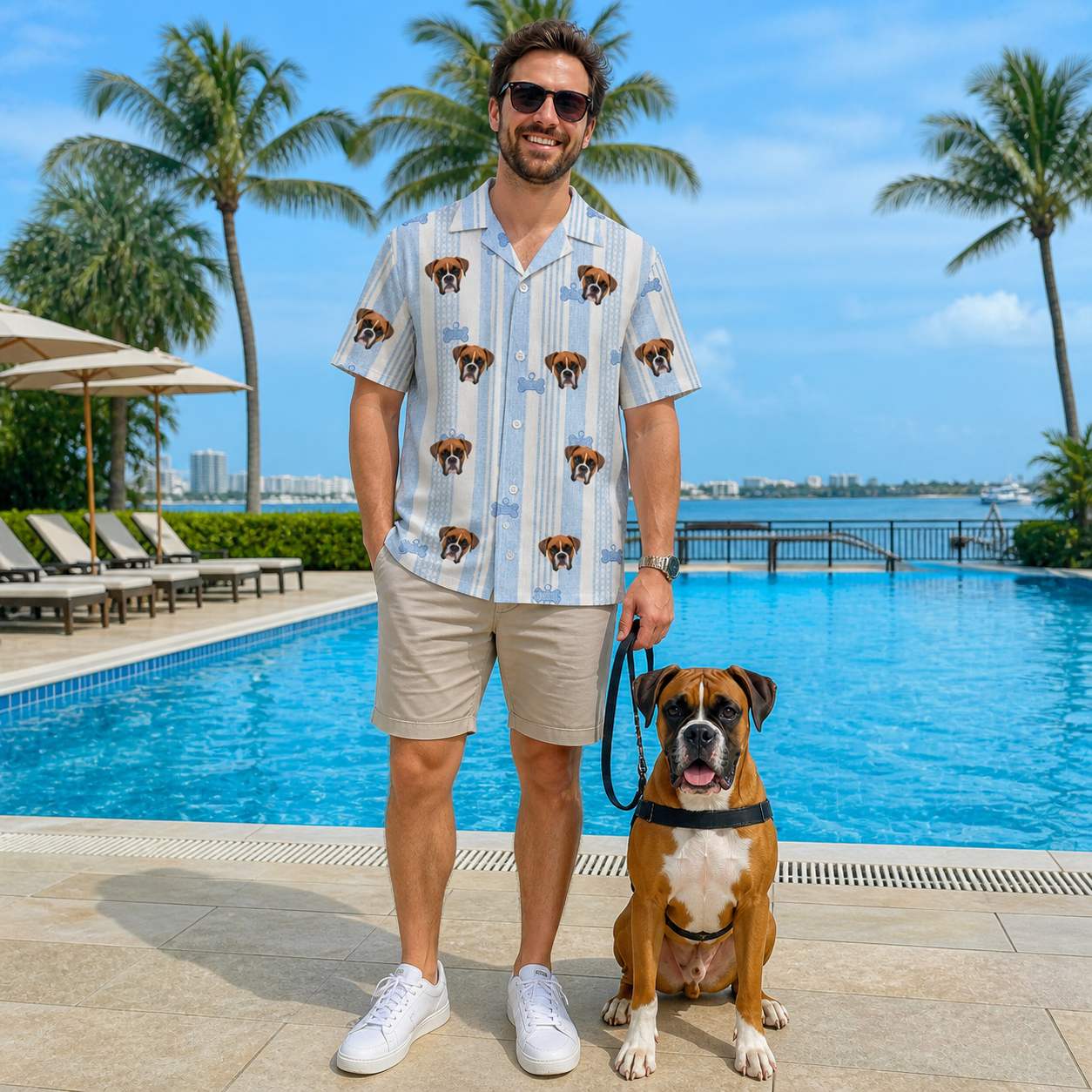 Full-length photo with the pet printed all over this Men's Pup Pendants Custom Dog Face Hawaiian Shirt