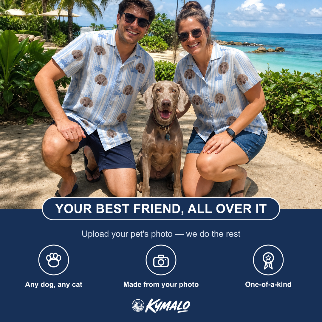 Friends in matching Men's Pup Pendants Custom Dog Face Hawaiian Shirt — a group gift photo