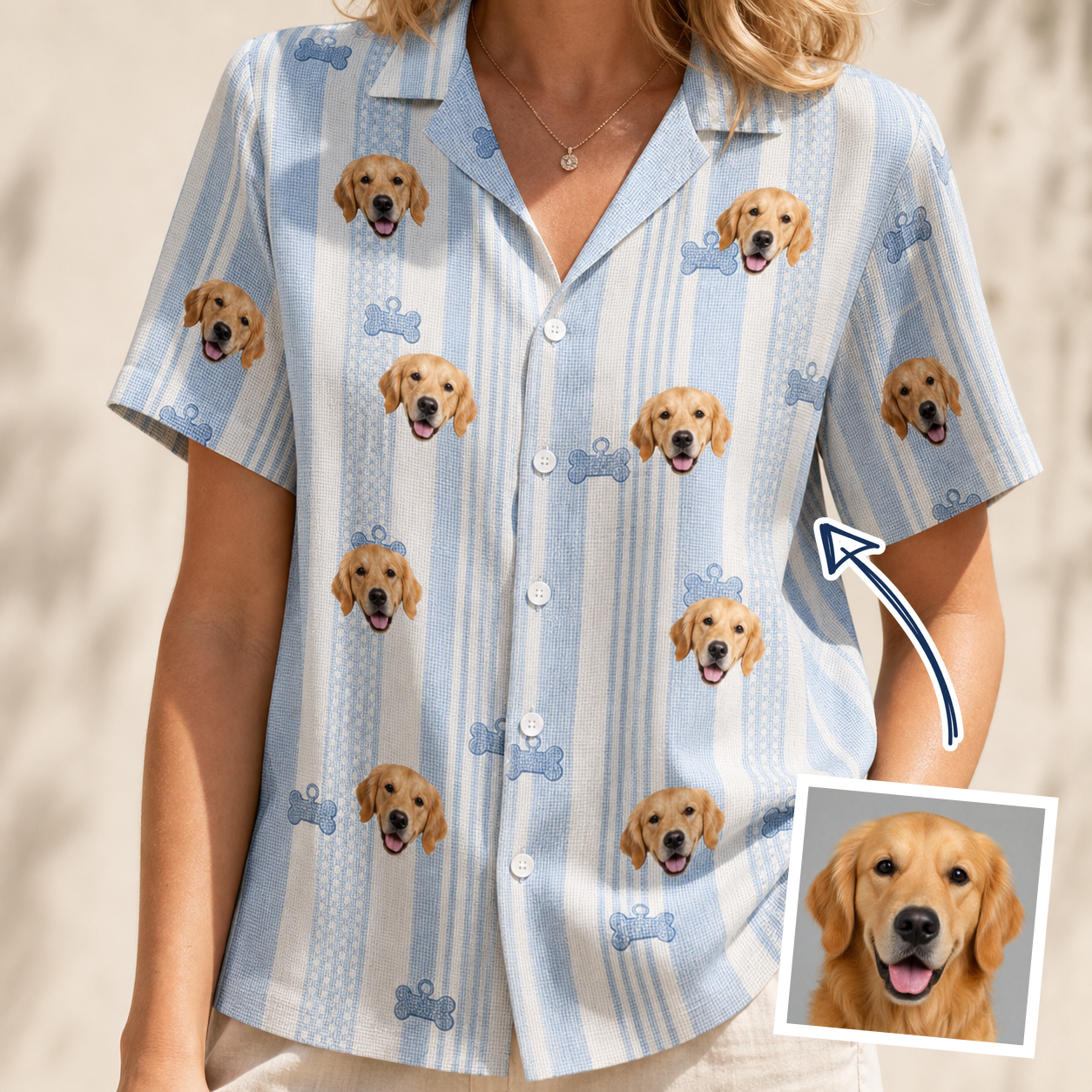 Woman wearing Women's Pup Pendants Custom Dog Face Hawaiian Shirt — custom faces printed all-over