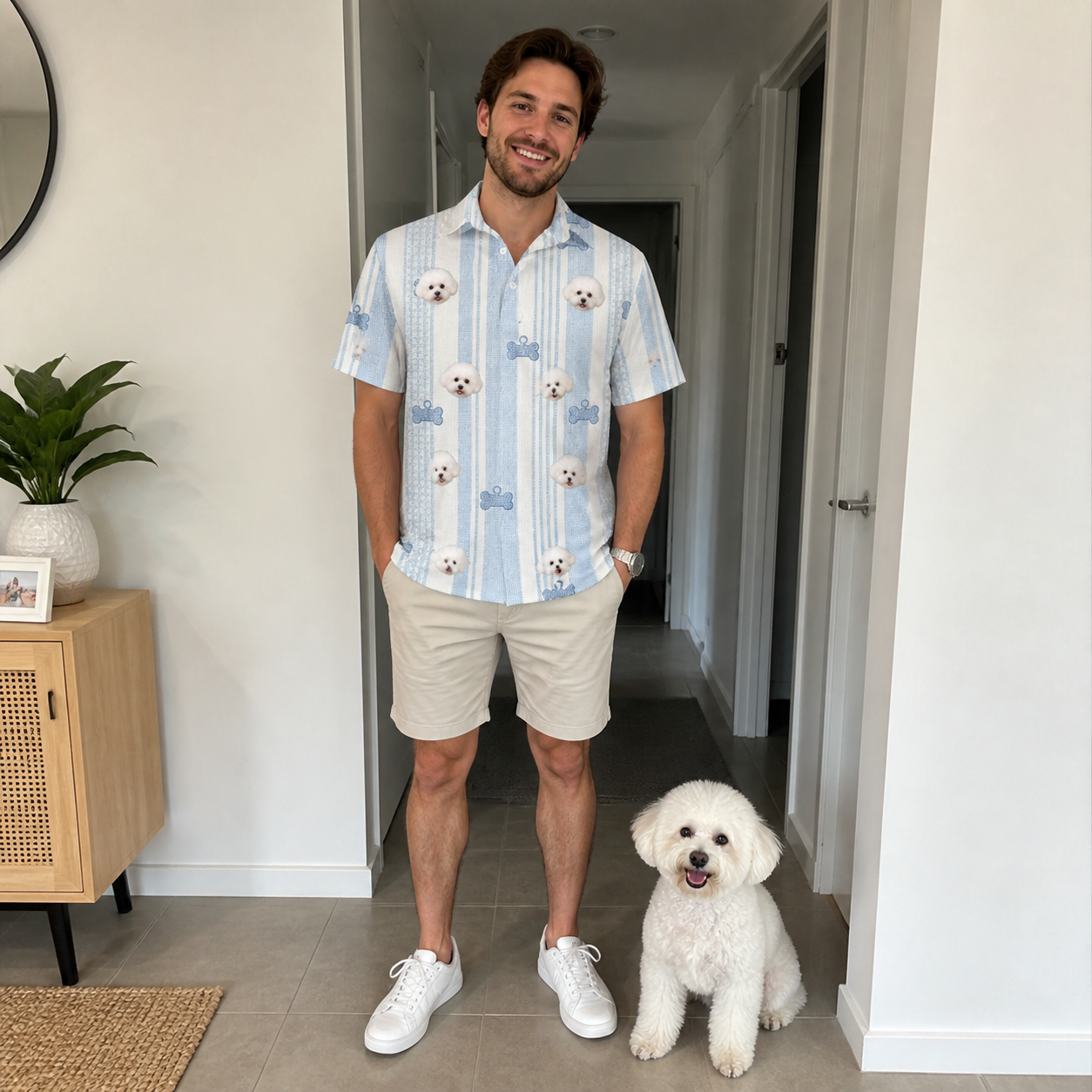Full-length photo with the pet printed all over this Men's Pup Pendants Custom Dog Face Polo Shirt