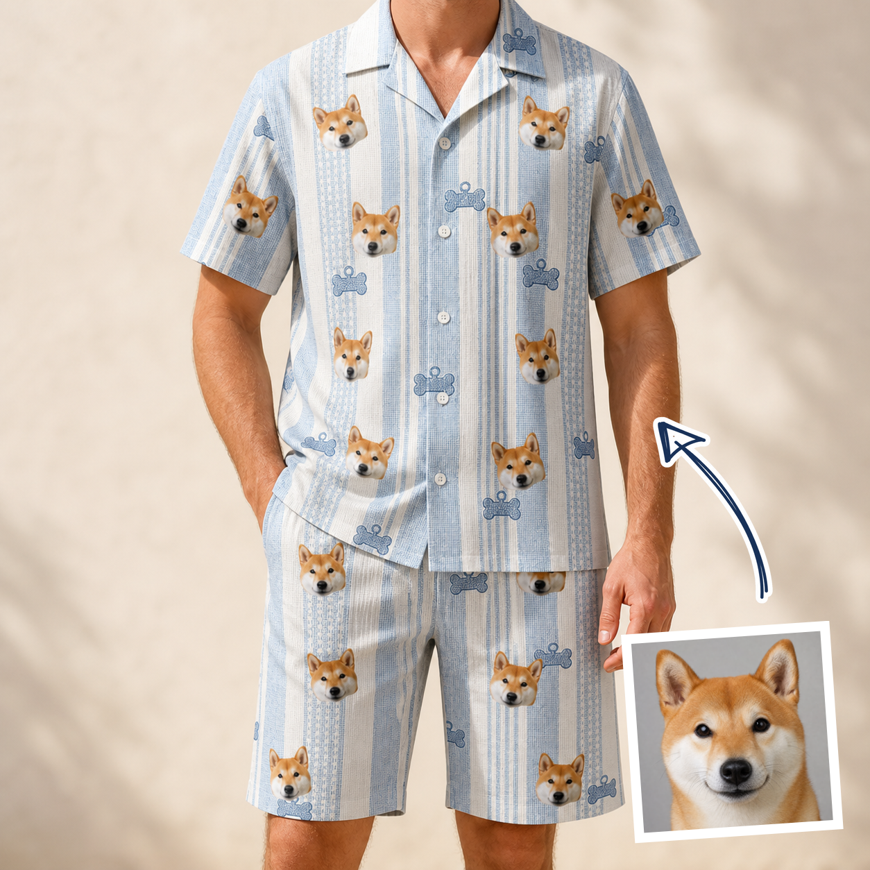 Man wearing Men's Pup Pendants Custom Dog Face Shirt & Shorts Set — custom faces printed all-over