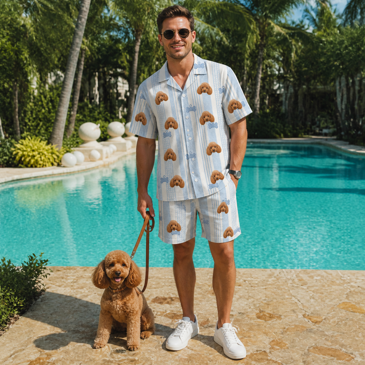 Full-length photo with the pet printed all over this Men's Pup Pendants Custom Dog Face Shirt & Shorts Set
