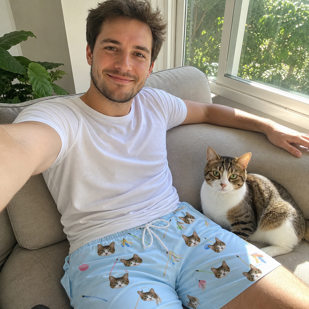 Selfie with the pet whose face is printed all over this Men's Pounce Patrol Custom Cat Face Beach Shorts