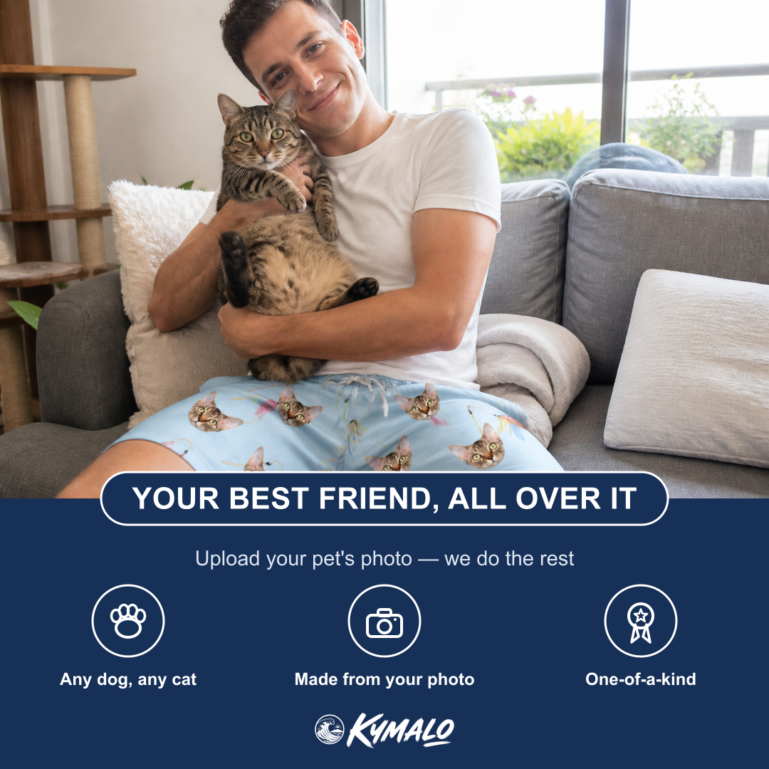 Friends in matching Men's Pounce Patrol Custom Cat Face Beach Shorts — a group gift photo