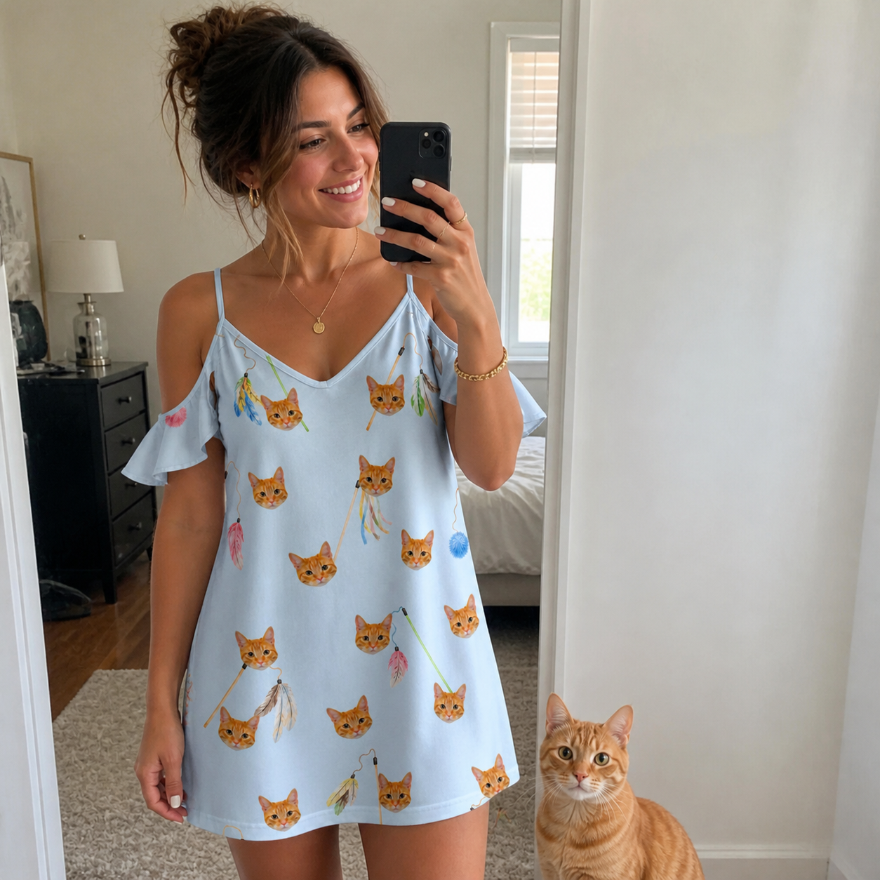 Selfie with the pet whose face is printed all over this Women's Pounce Patrol Custom Cat Face Off-Shoulder Dress