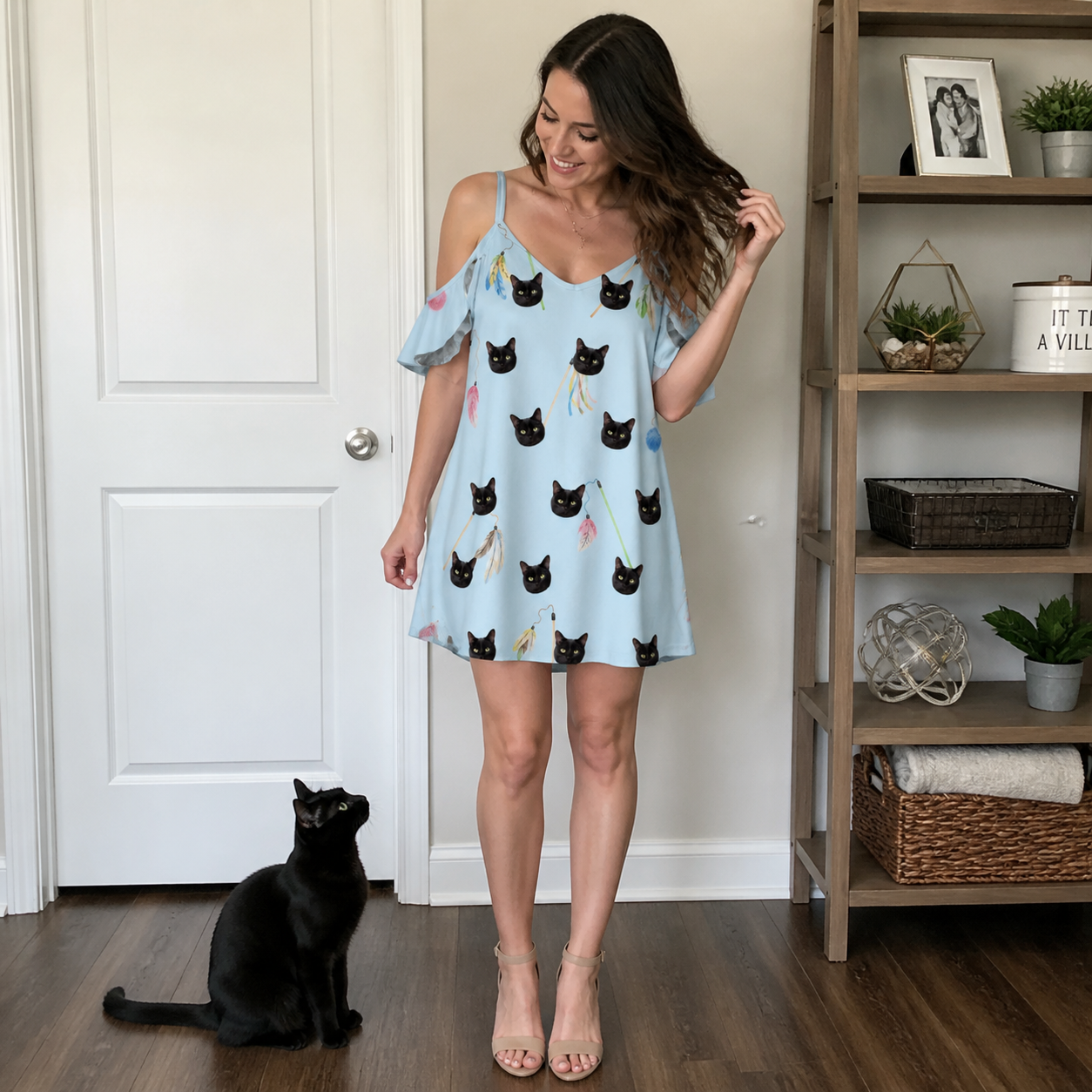 Full-length photo with the pet printed all over this Women's Pounce Patrol Custom Cat Face Off-Shoulder Dress