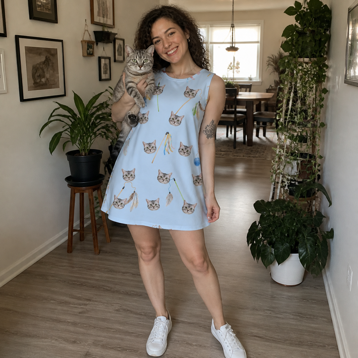 Full-length photo with the pet printed all over this Women's Pounce Patrol Custom Cat Face Tank Dress