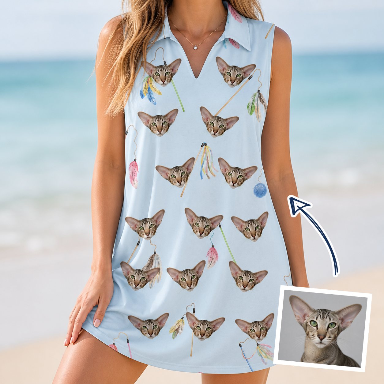 Woman wearing Women's Pounce Patrol Custom Cat Face V-Neck Dress — custom faces printed all-over