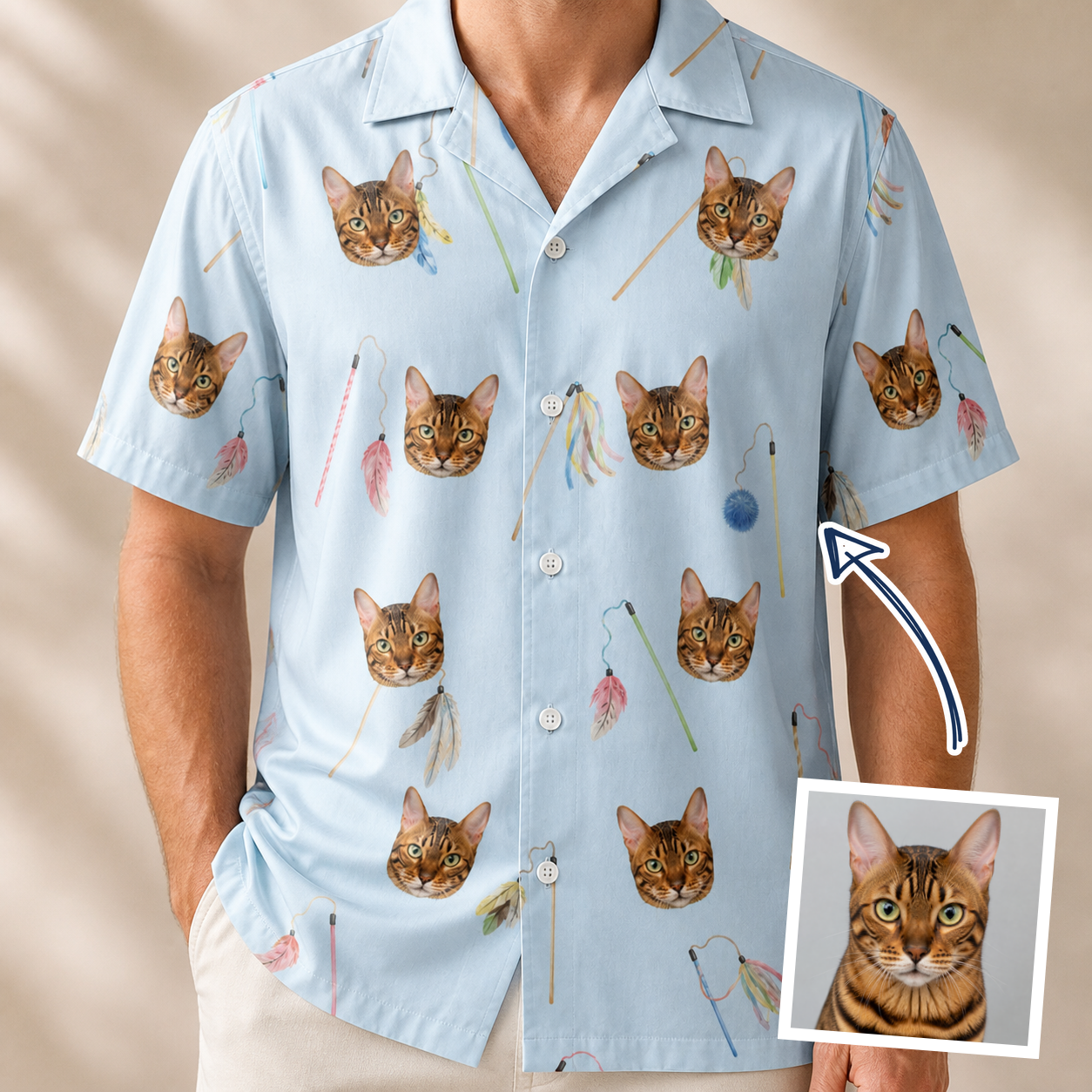 Man wearing Men's Pounce Patrol Custom Cat Face Hawaiian Shirt — custom faces printed all-over
