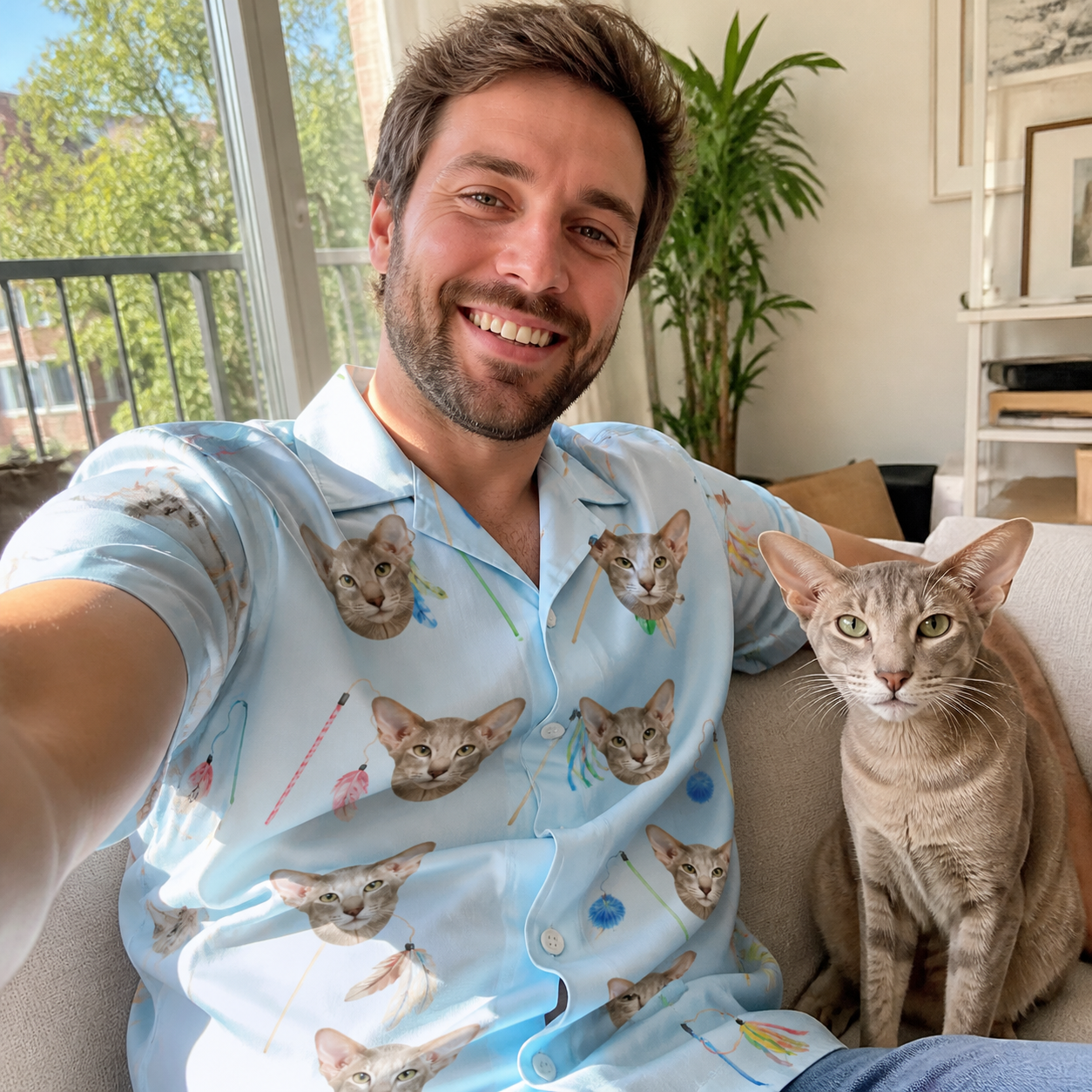 Selfie with the pet whose face is printed all over this Men's Pounce Patrol Custom Cat Face Hawaiian Shirt