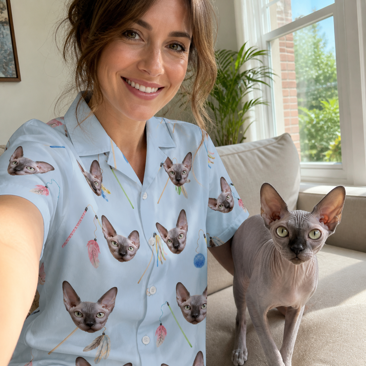 Selfie with the pet whose face is printed all over this Women's Pounce Patrol Custom Cat Face Hawaiian Shirt