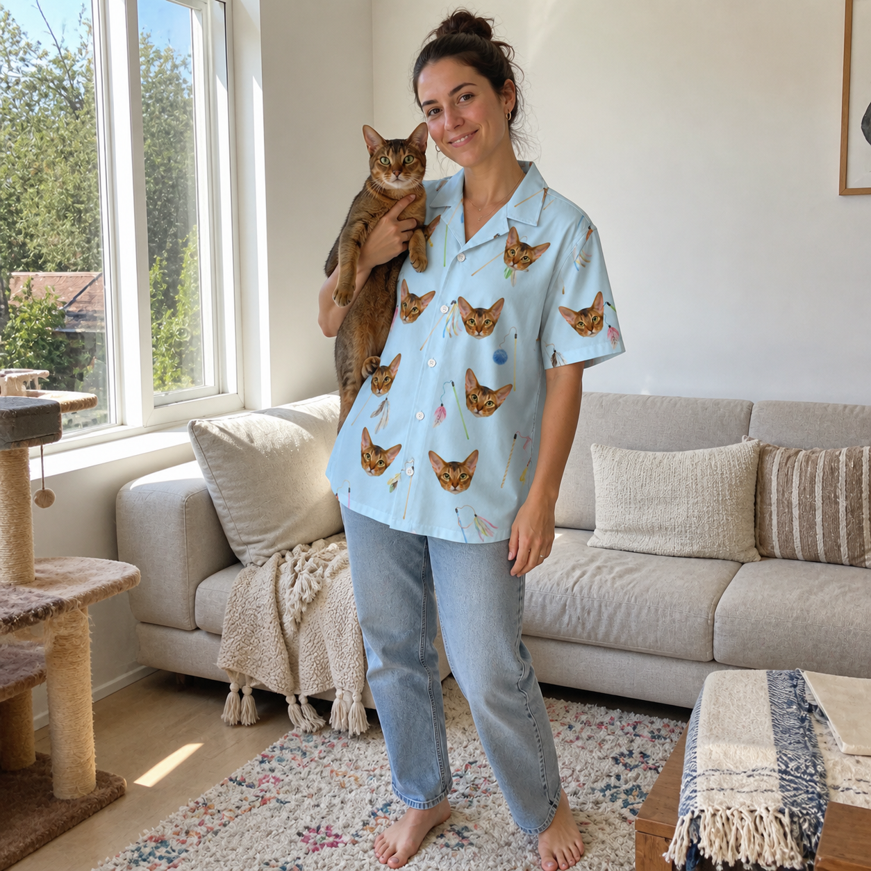 Full-length photo with the pet printed all over this Women's Pounce Patrol Custom Cat Face Hawaiian Shirt