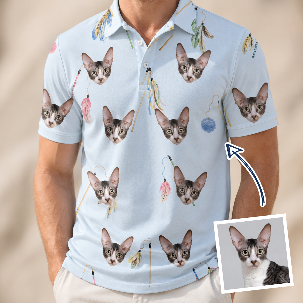 Man wearing Men's Pounce Patrol Custom Cat Face Polo Shirt — custom faces printed all-over