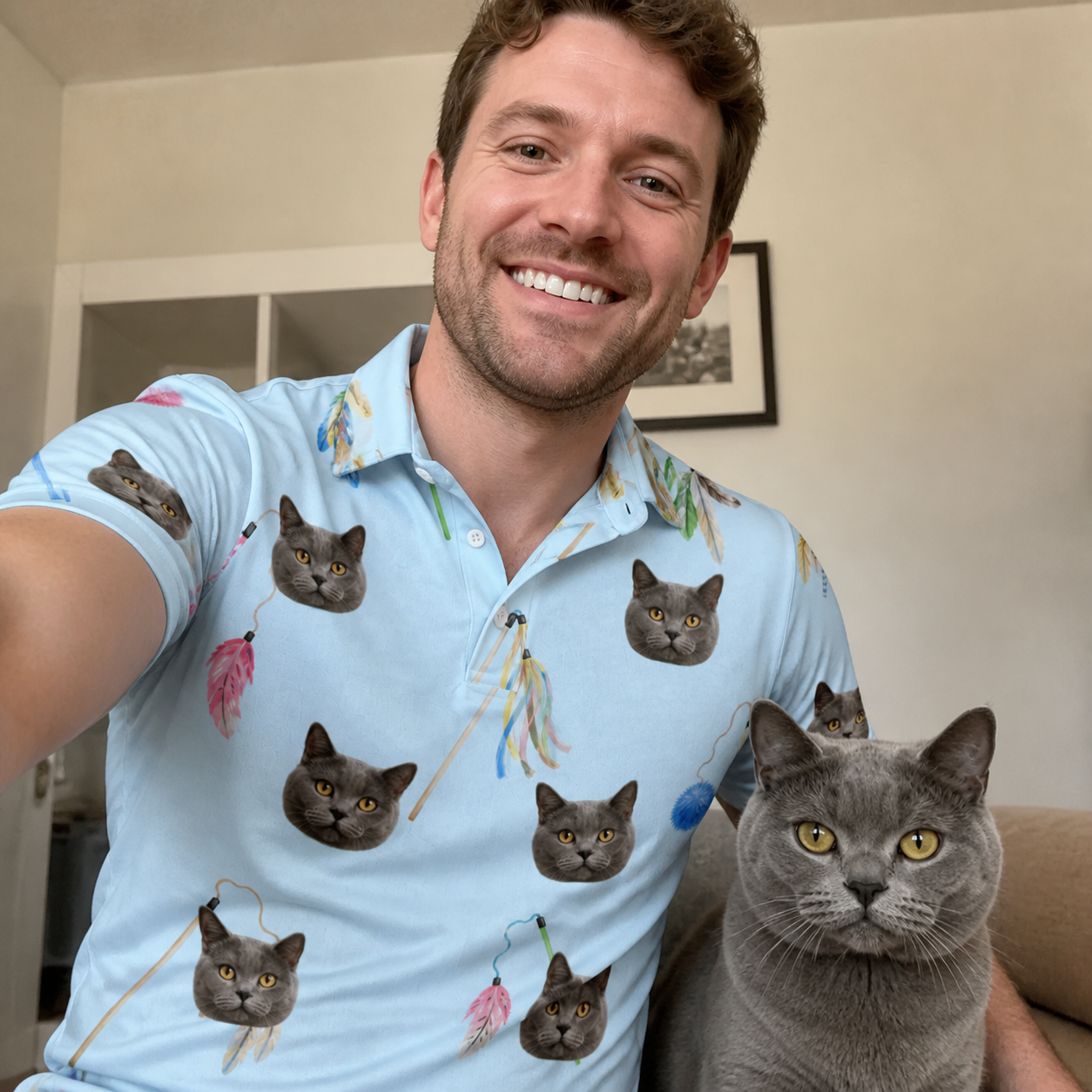 Selfie with the pet whose face is printed all over this Men's Pounce Patrol Custom Cat Face Polo Shirt