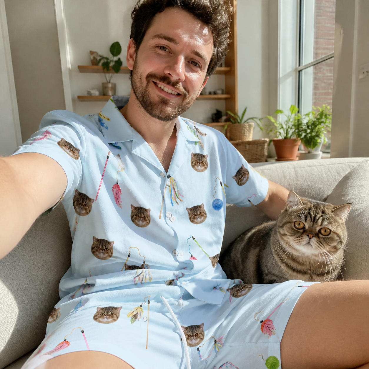 Selfie with the pet whose face is printed all over this Men's Pounce Patrol Custom Cat Face Shirt & Shorts Set