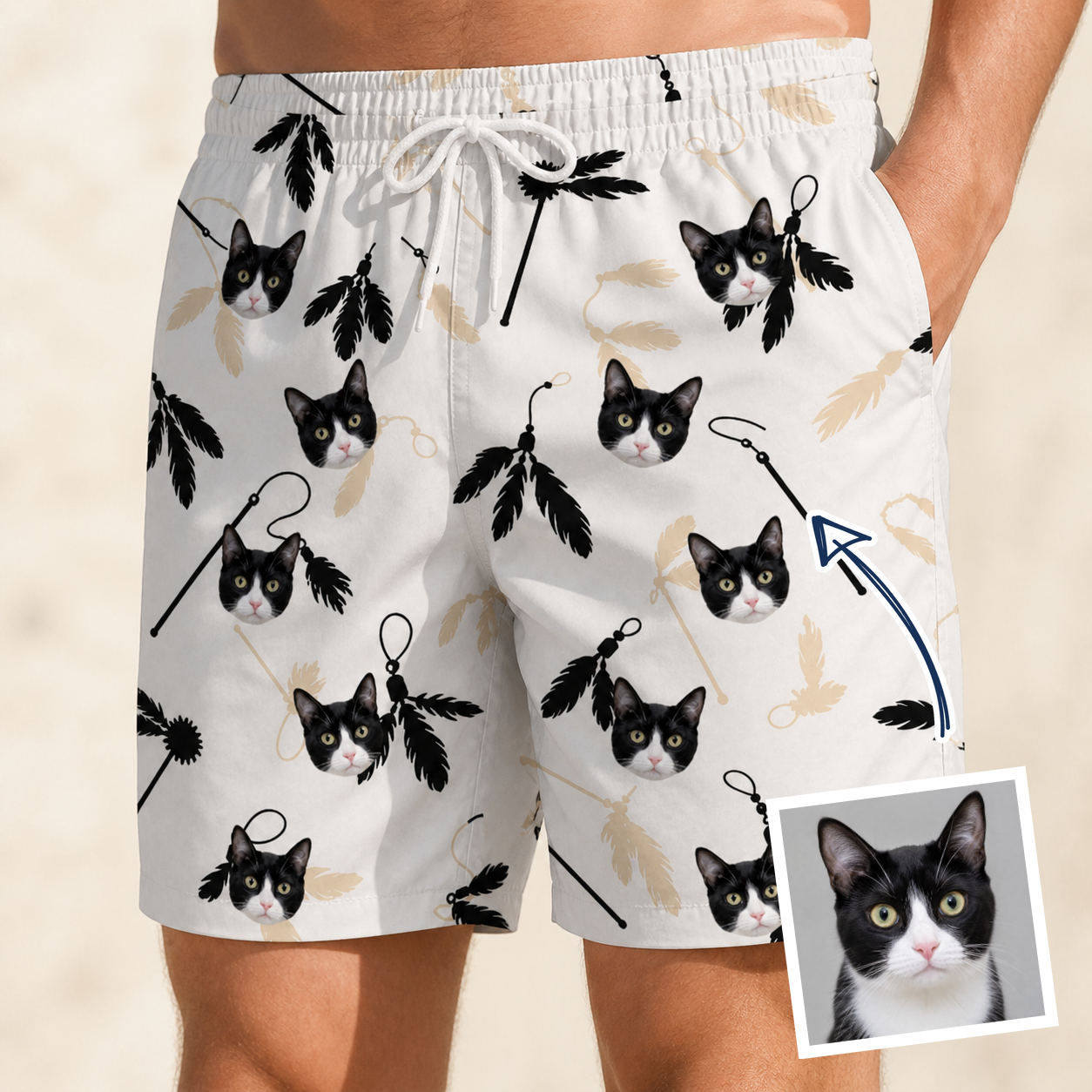 Man wearing Men's Clawful Feathers Custom Cat Face Beach Shorts — custom faces printed all-over