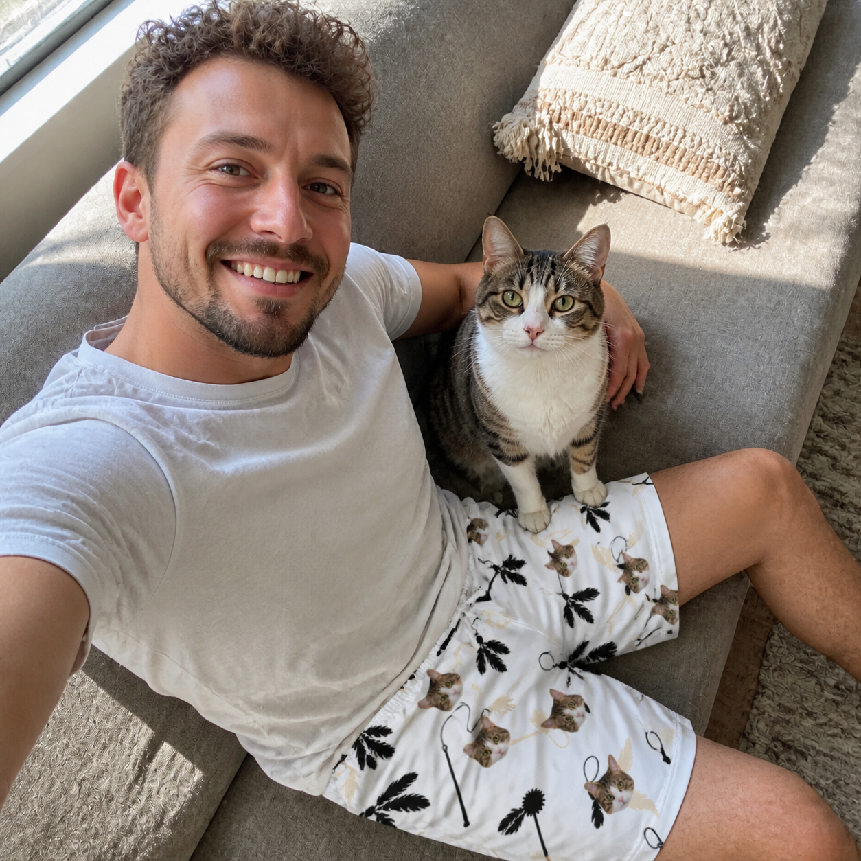 Selfie with the pet whose face is printed all over this Men's Clawful Feathers Custom Cat Face Beach Shorts