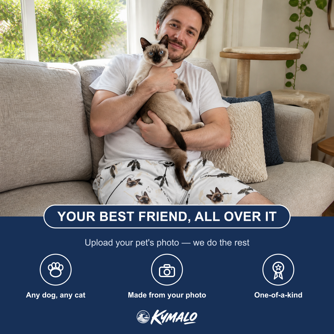 Friends in matching Men's Clawful Feathers Custom Cat Face Beach Shorts — a group gift photo