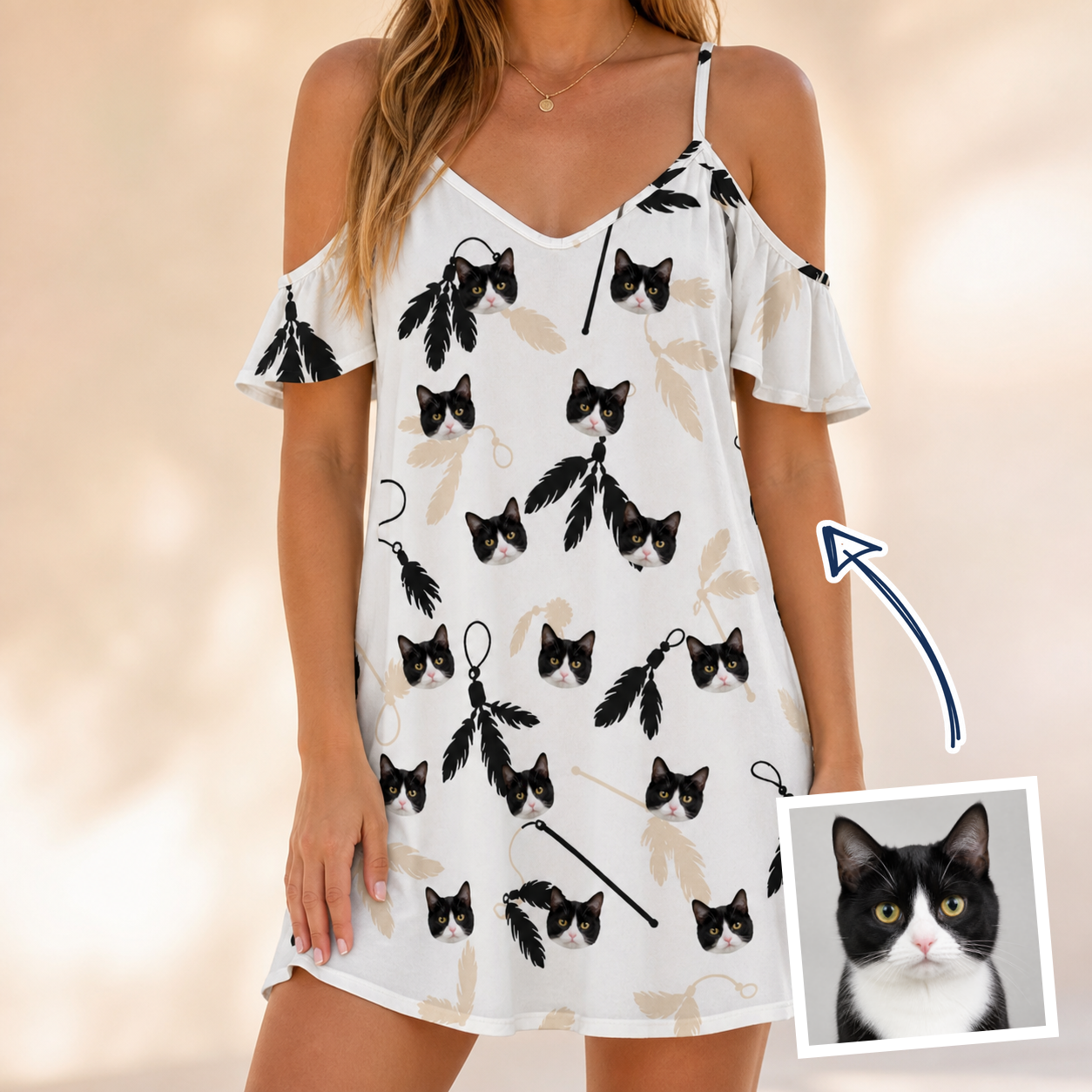 Woman wearing Women's Clawful Feathers Custom Cat Face Off-Shoulder Dress — custom faces printed all-over