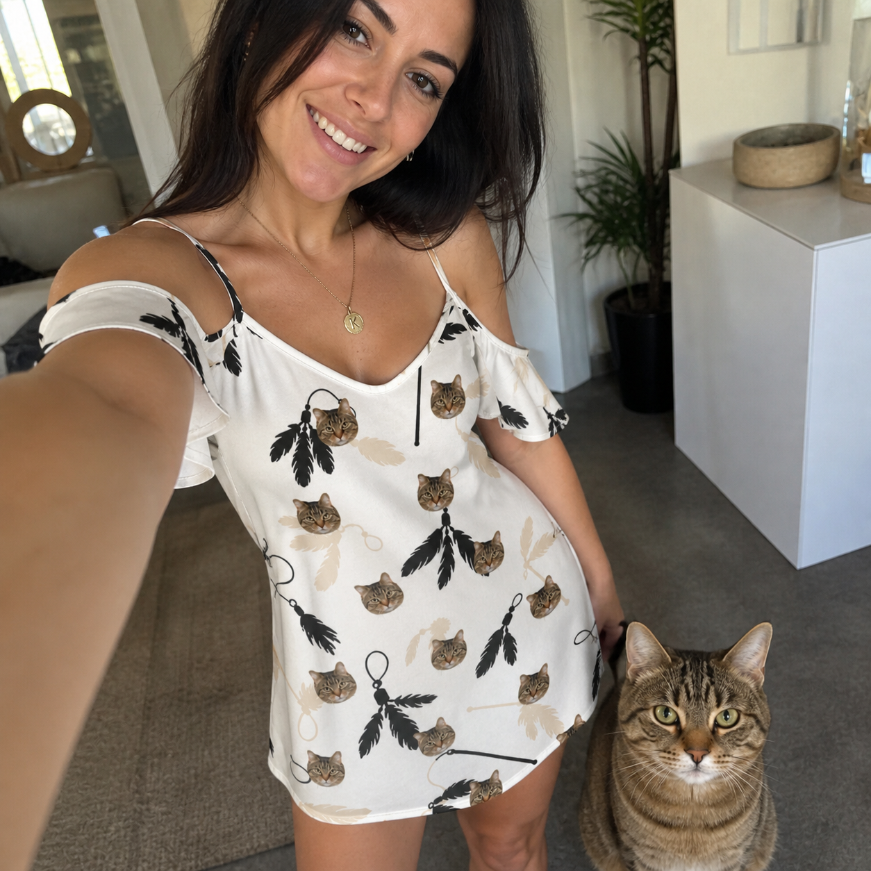 Selfie with the pet whose face is printed all over this Women's Clawful Feathers Custom Cat Face Off-Shoulder Dress