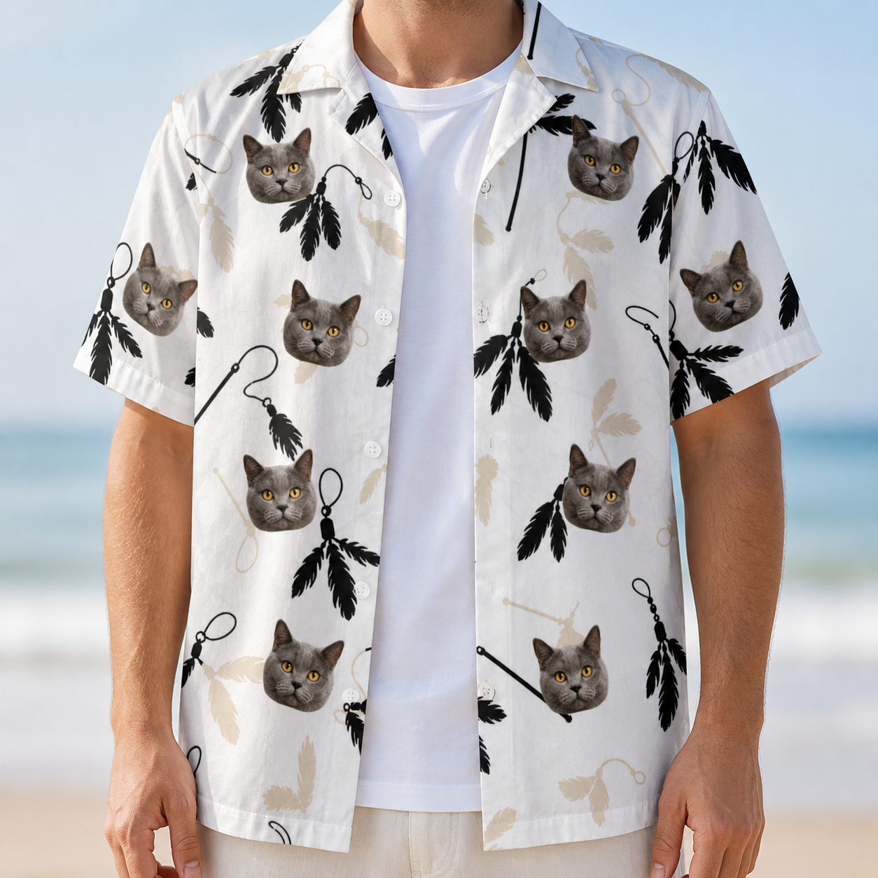 Man wearing Men's Clawful Feathers Custom Cat Face Hawaiian Shirt open over a white tee