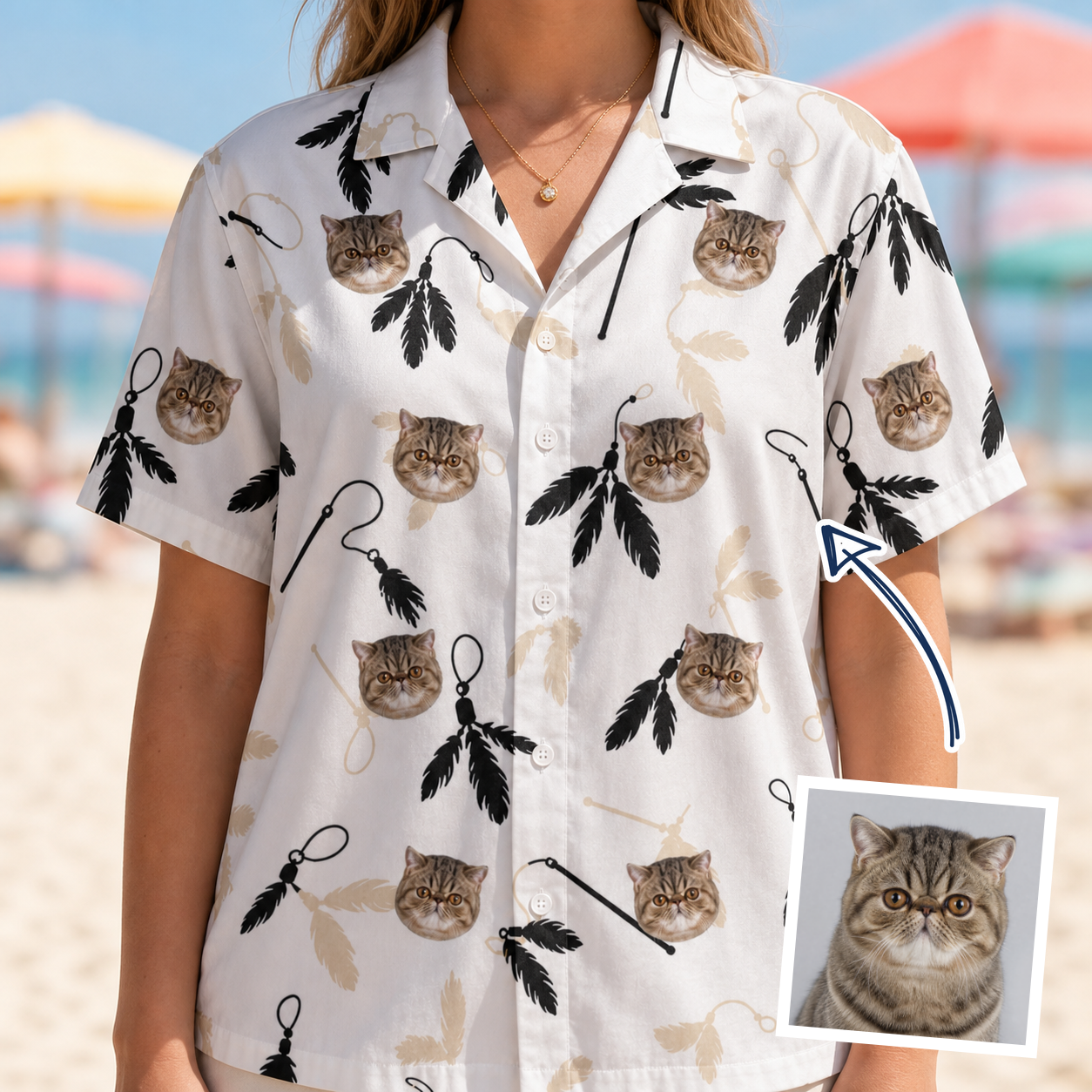 Woman wearing Women's Clawful Feathers Custom Cat Face Hawaiian Shirt — custom faces printed all-over