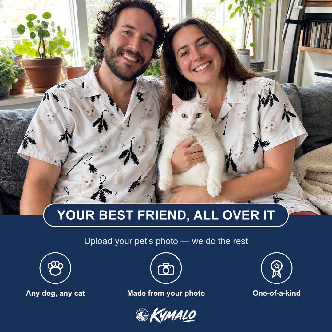 Friends in matching Women's Clawful Feathers Custom Cat Face Hawaiian Shirt — a group gift photo