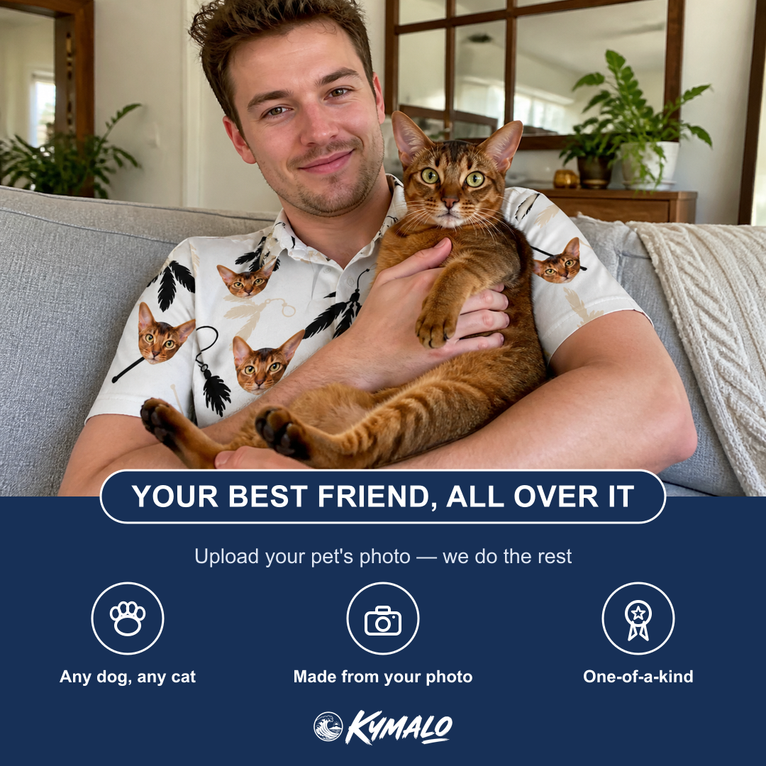 Friends in matching Men's Clawful Feathers Custom Cat Face Polo Shirt — a group gift photo