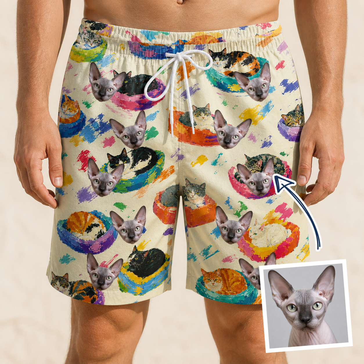 Man wearing Men's Catnap Cabins Custom Cat Face Beach Shorts — custom faces printed all-over