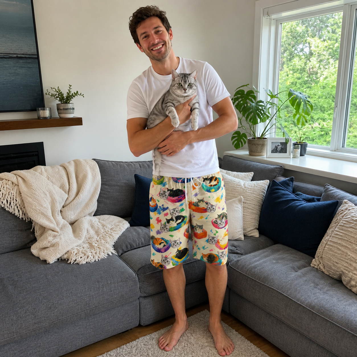 Full-length photo with the pet printed all over this Men's Catnap Cabins Custom Cat Face Beach Shorts