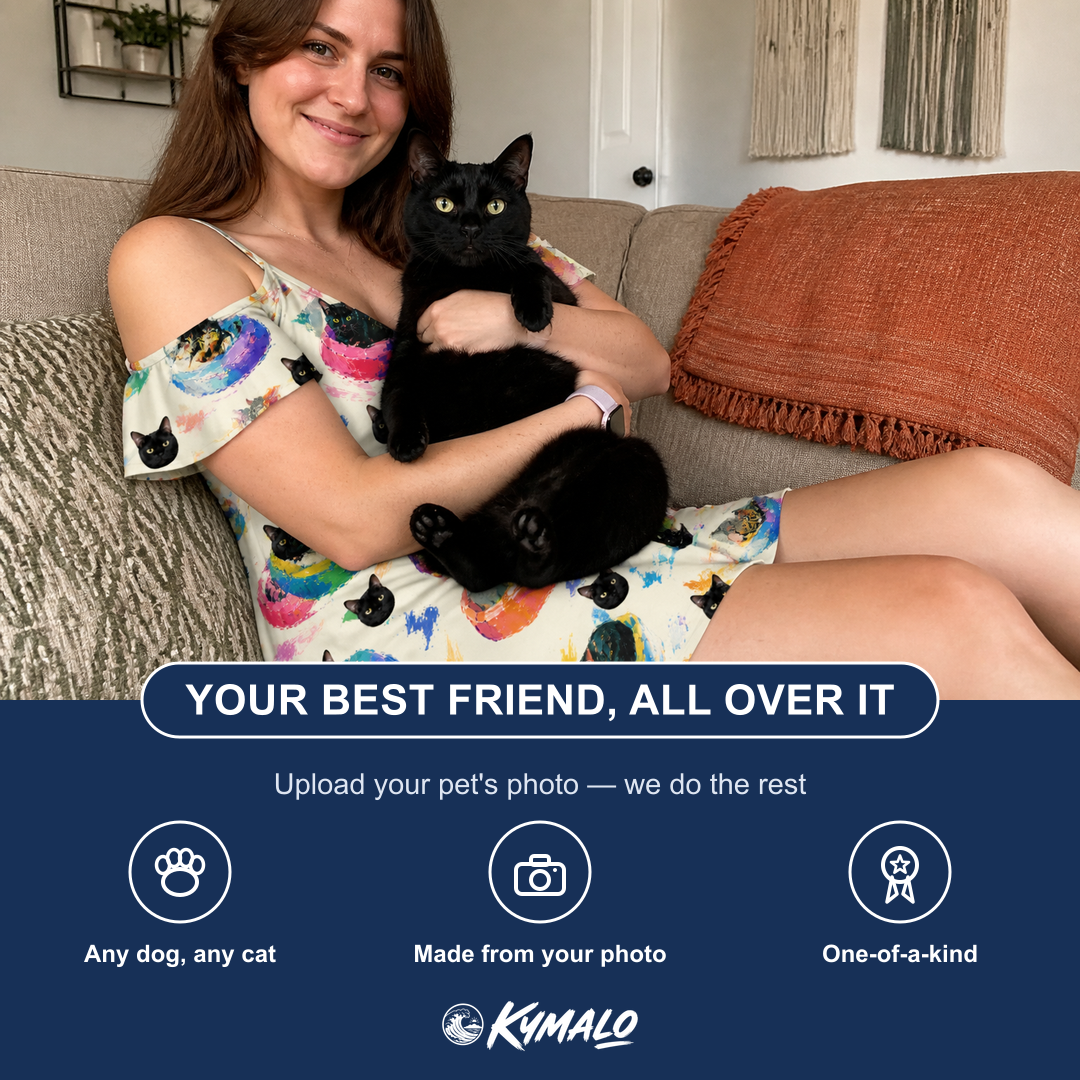 Friends in matching Women's Catnap Cabins Custom Cat Face Off-Shoulder Dress — a group gift photo